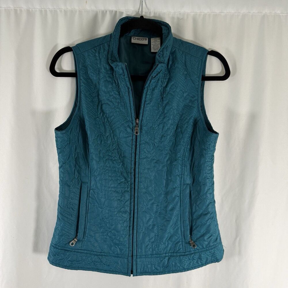 Chico's Vest Women's 0 Small Green Floral Zip Pockets Sleeveless Full Zip